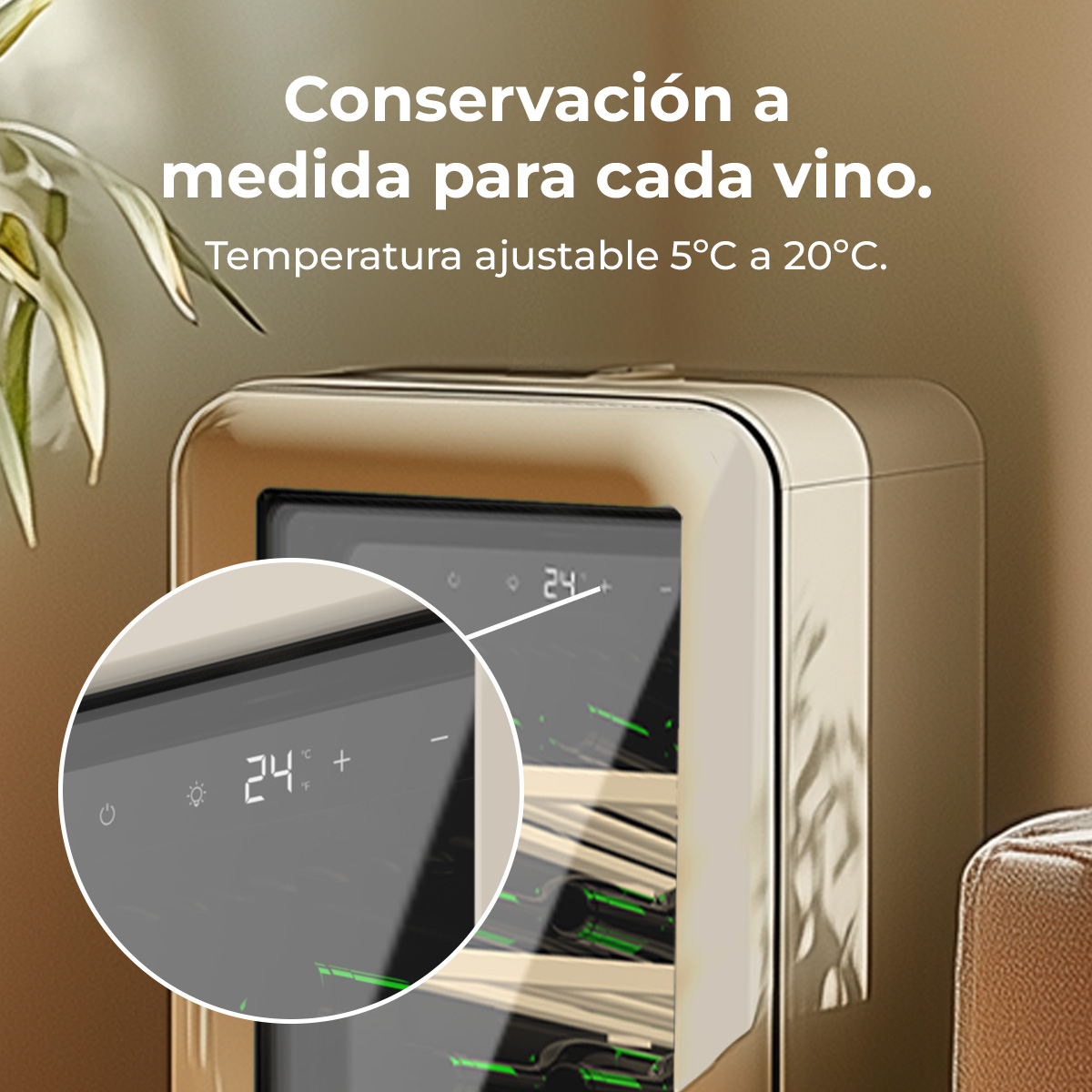 Cantinetta con display digitale a 24 gradi. Testo: 'Conservazione per ogni vino' con intervallo di temperatura regolabile.