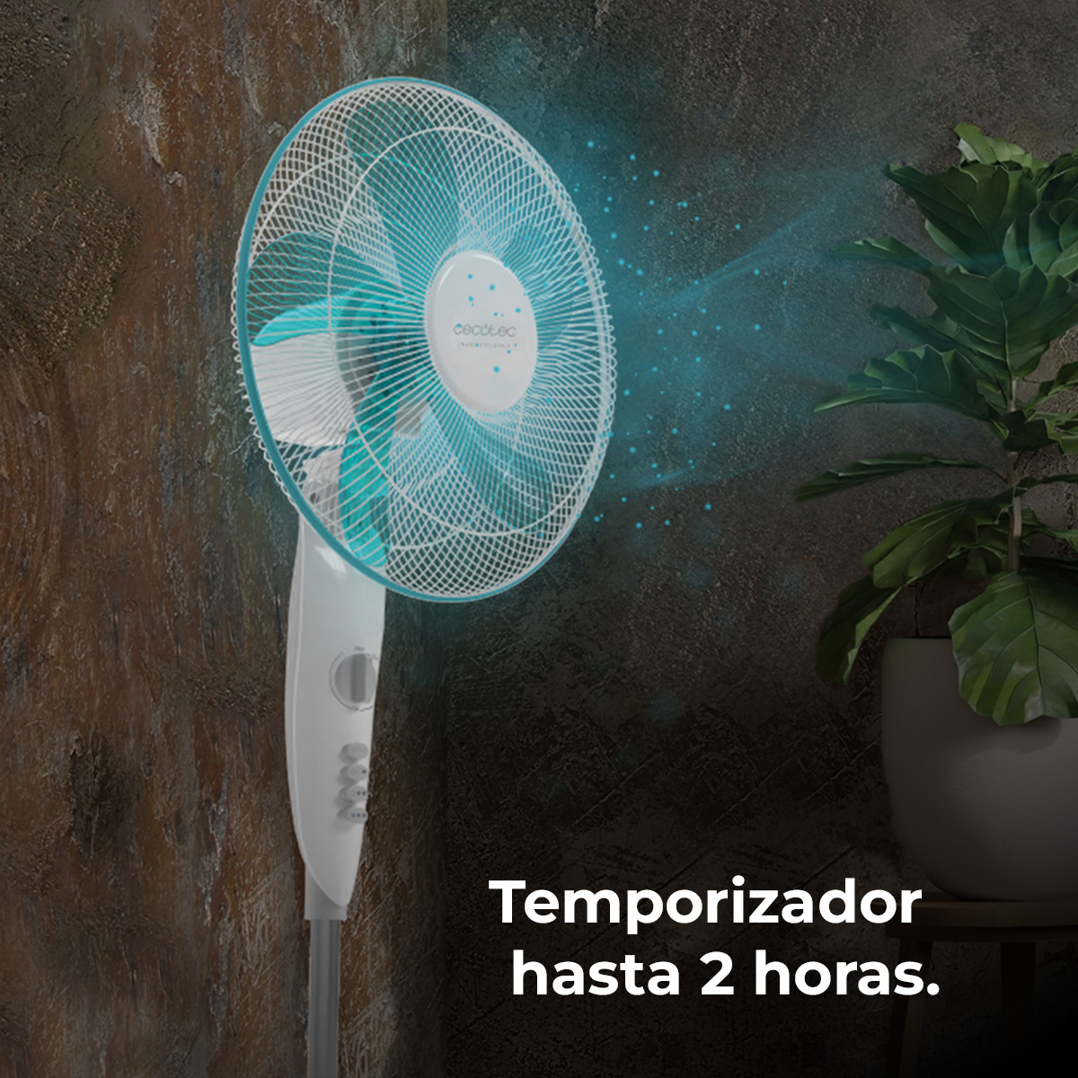Biało-turkusowy wentylator z efektem przepływu powietrza, obok rośliny w doniczce. Tekst: 'Temporizador hasta 2 horas'.