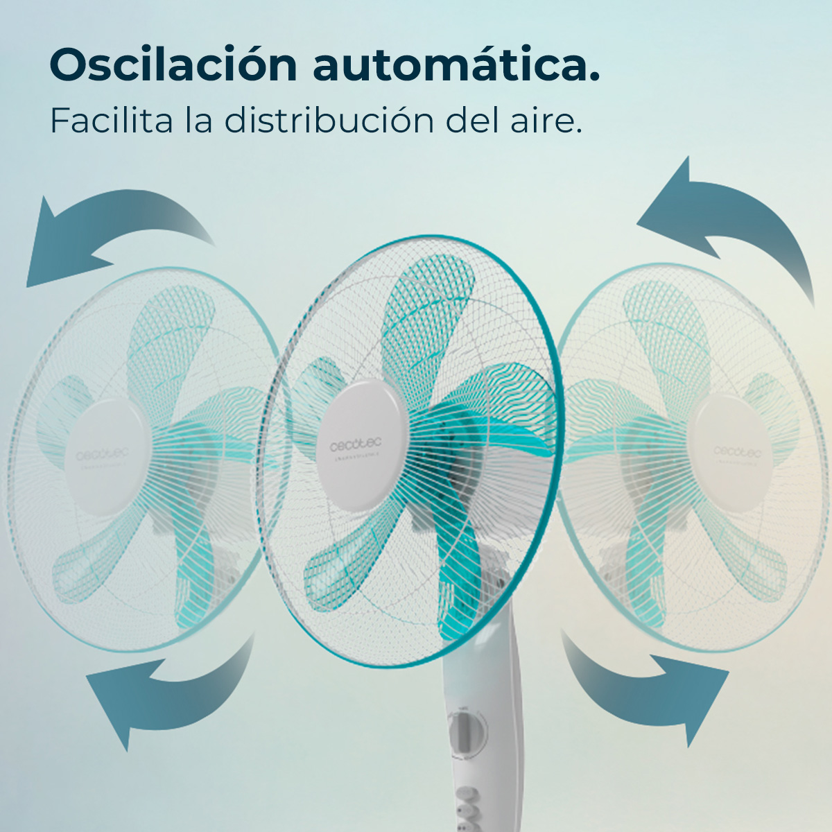 Obraz przedstawia biało-turkusowy wentylator oscylacyjny z trzema głowicami wentylatora i strzałkami ilustrującymi oscylację.