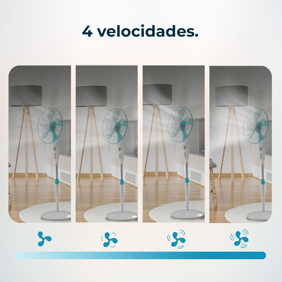 Obraz przedstawia wentylator z 4 prędkościami. Każdy obraz pokazuje wentylator z inną prędkością.