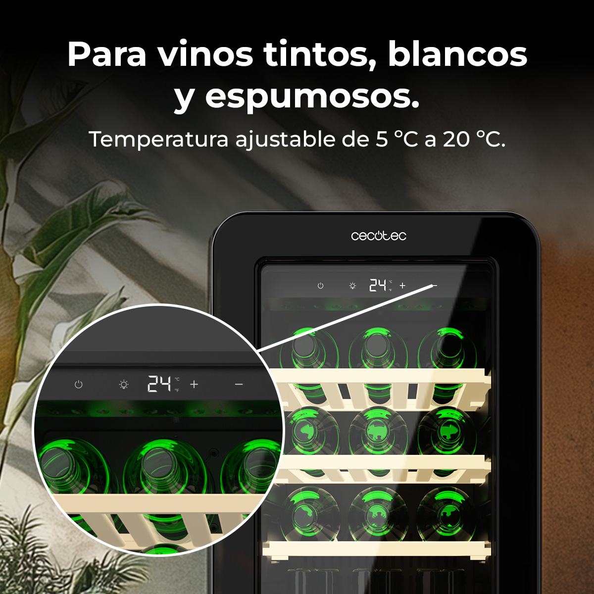 Una cantinetta con bottiglie illuminate di verde. Il testo recita: 'Para vinos tintos, blancos y espumosos.' e 'Temperatura ajustable de 5 °C a 20 °C.'