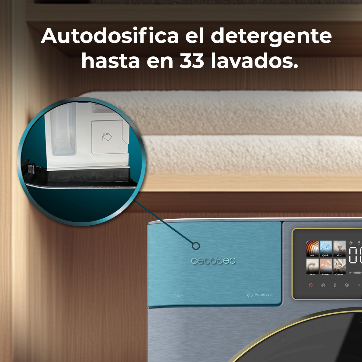 Lavatrice con pannello blu e display digitale. Testo: Autodosifica el detergente hasta en 33 lavados.