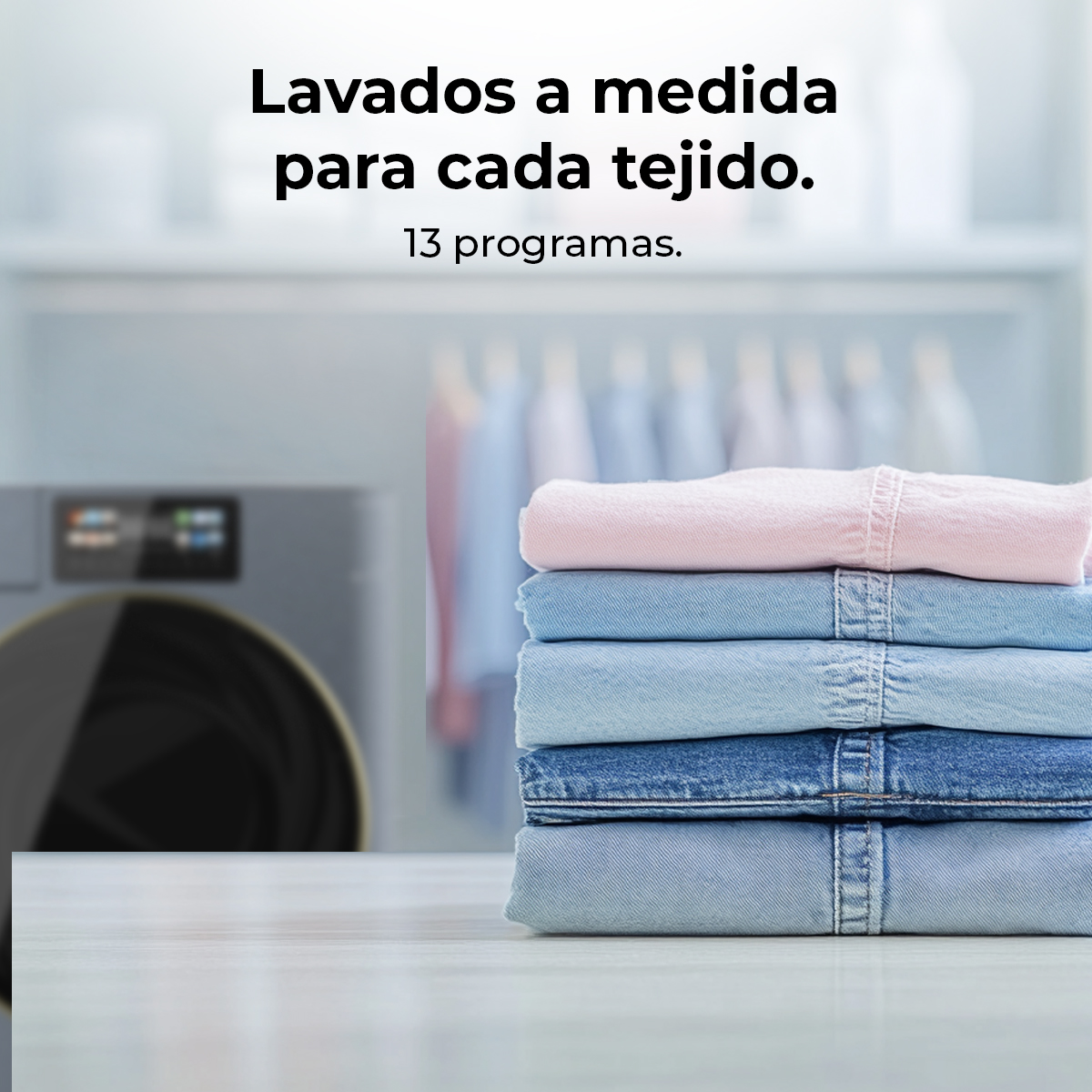 Pila di vestiti in denim piegati. A sinistra c'è una lavatrice. Testo: Lavados a medida para cada tejido. 13 programmi.