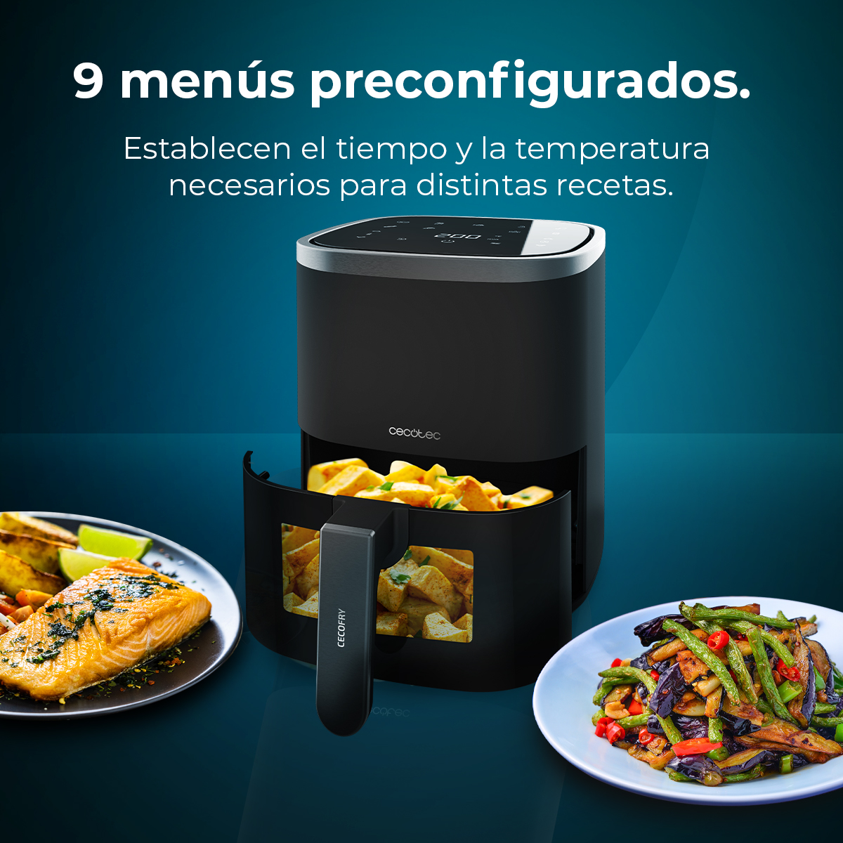 Una freidora de aire negra con muestras de comida en platos. Incluye salmón, patatas fritas y verduras. El texto dice: 9 menús preconfigurados.