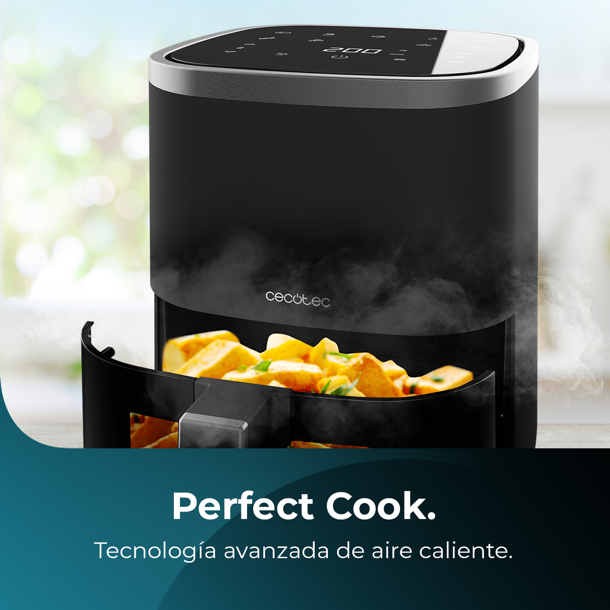 Una freidora de aire negra con una cesta de patatas cocinadas. El vapor se eleva. Texto: 'Perfect Cook', 'Tecnología avanzada de aire caliente'.