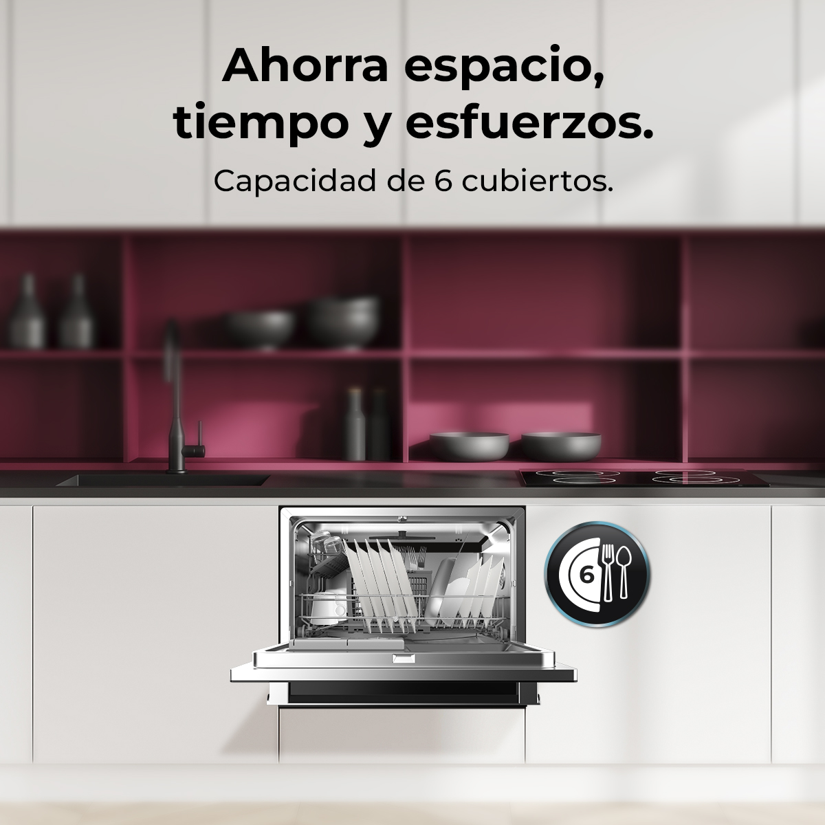 Lavavajillas con puerta abierta, utensilios dentro. Fondo de cocina rojo y negro. Texto: Ahorra espacio, tiempo y esfuerzo. 6 servicios.