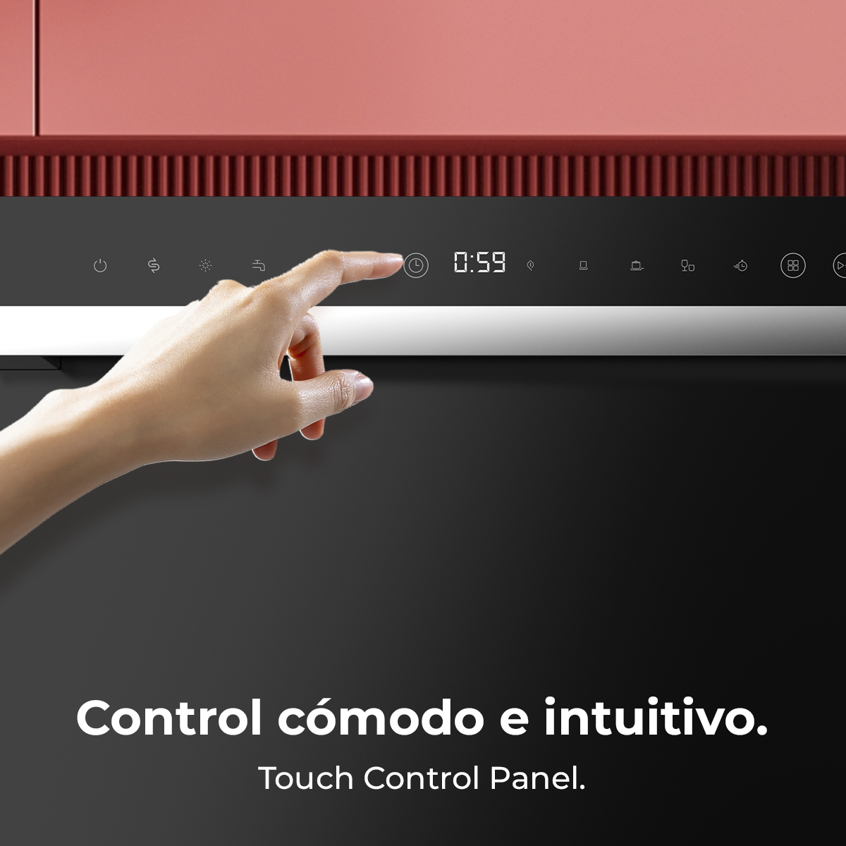 Una mano toca un icono de temporizador en un panel táctil negro. La pantalla muestra 0:59. Armario rojo arriba.