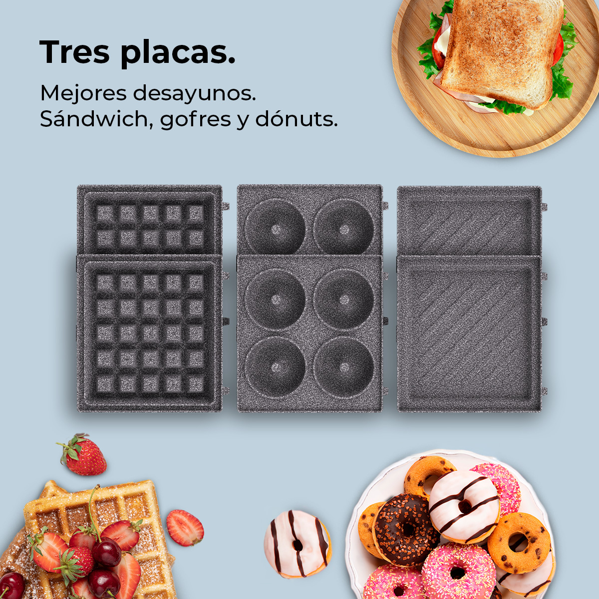 La imagen muestra tres placas de cocción, un sándwich, gofres con fruta y un plato de donuts. El texto dice 'Mejores desayunos'.