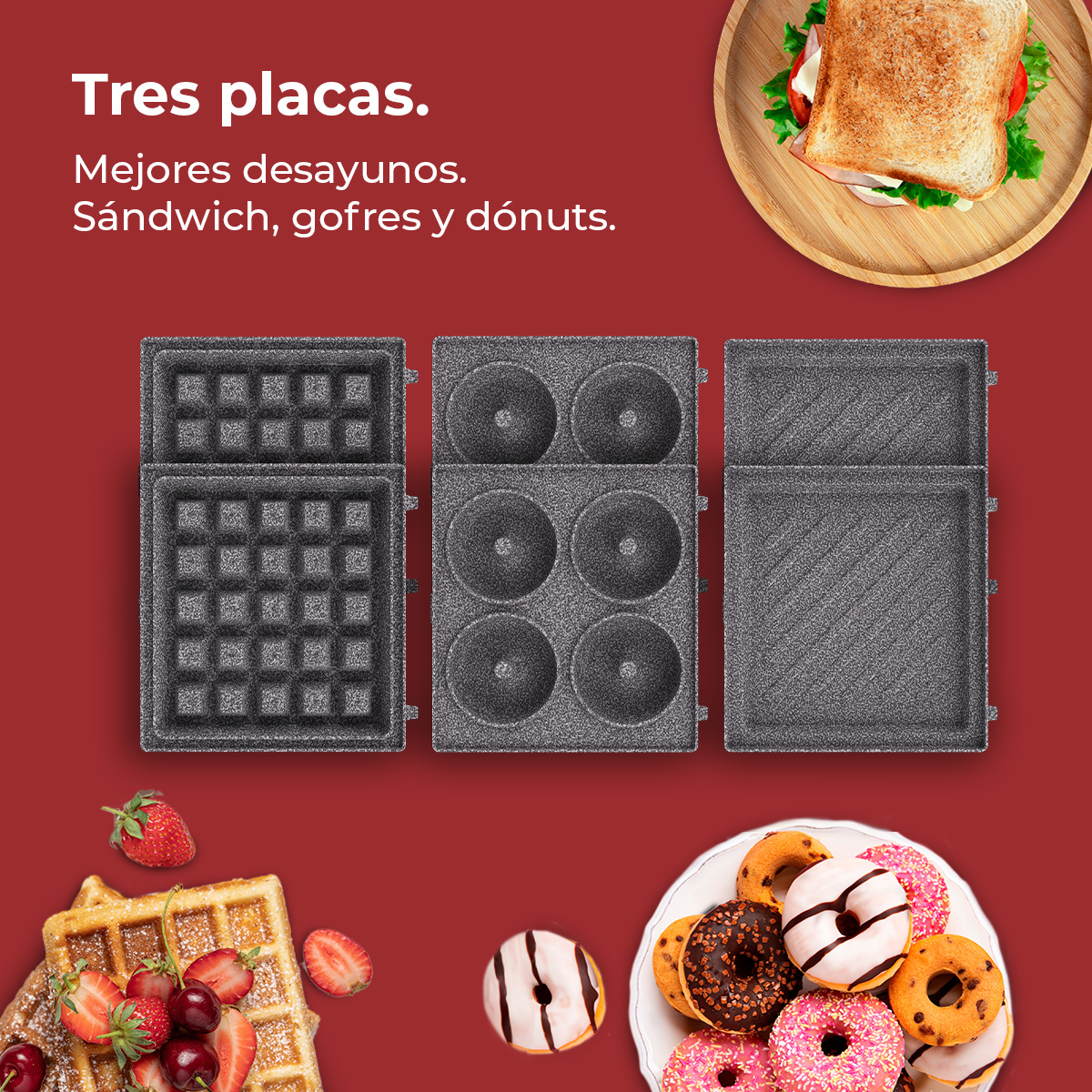L'immagine mostra tre piastre per cucinare waffle, ciambelle e panini. Le piastre sono accanto a cibi come ciambelle e waffle.