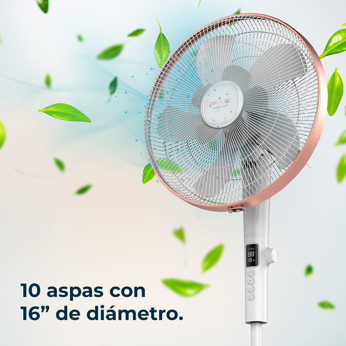 Un ventilatore bianco e oro rosa con 10 pale e un diametro di 16 pollici, con foglie sullo sfondo.