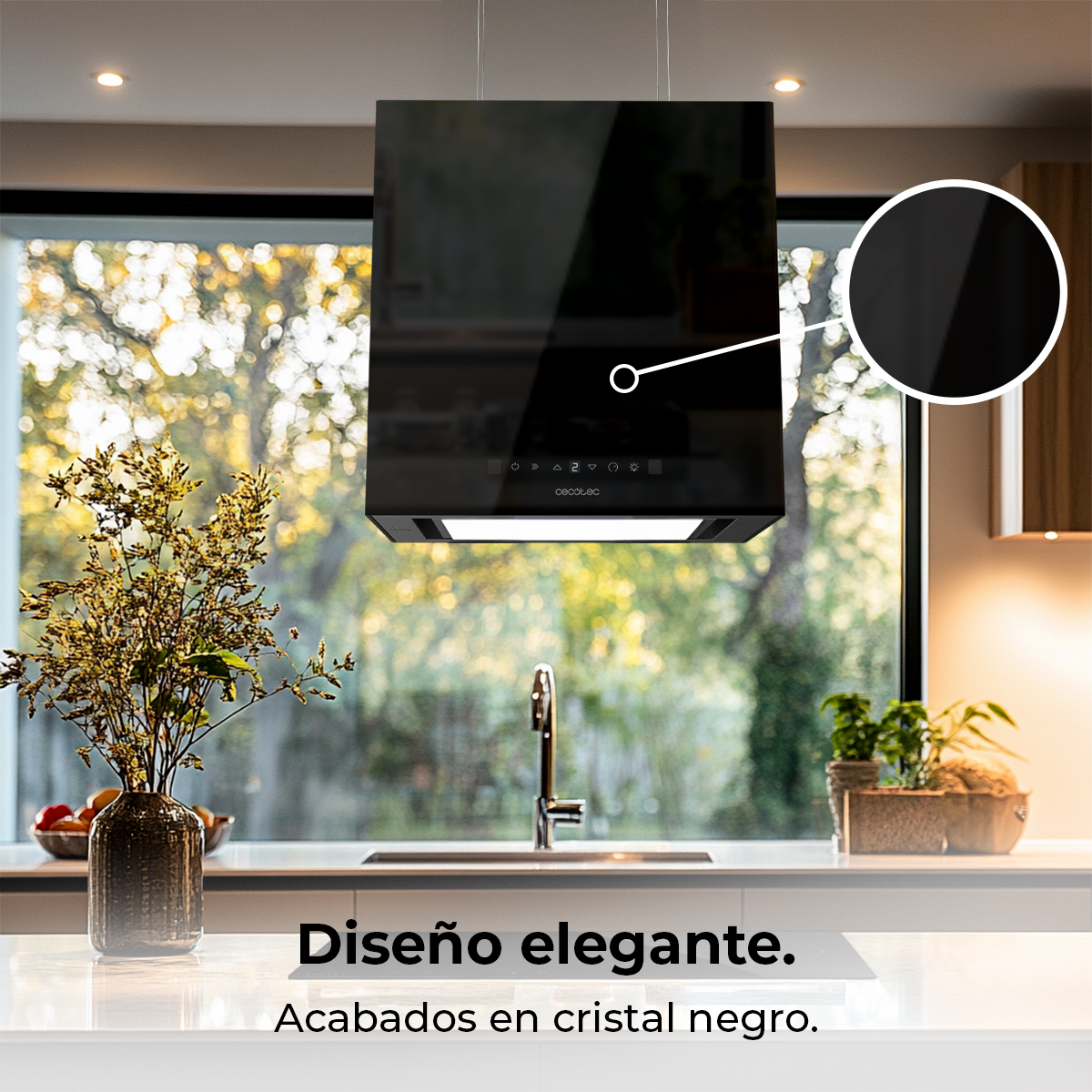 Una moderna cappa da cucina nera sopra un lavandino. Una finestra con alberi sullo sfondo. Un vaso di fiori e piante sul bancone.