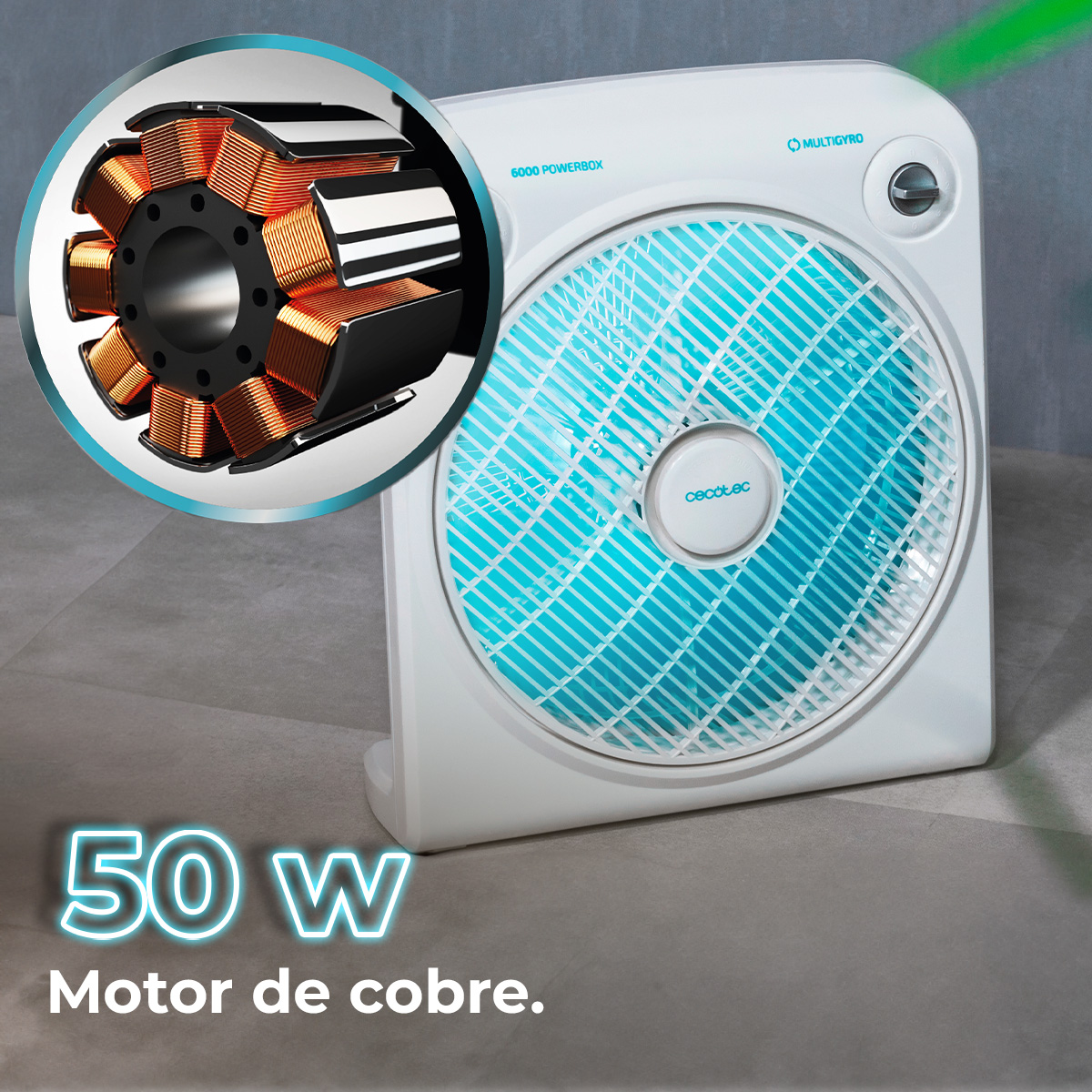 Biały wentylator z niebieskimi łopatkami. Powiększony widok pokazuje miedziane części silnika. Tekst mówi '50 W Motor de cobre'.