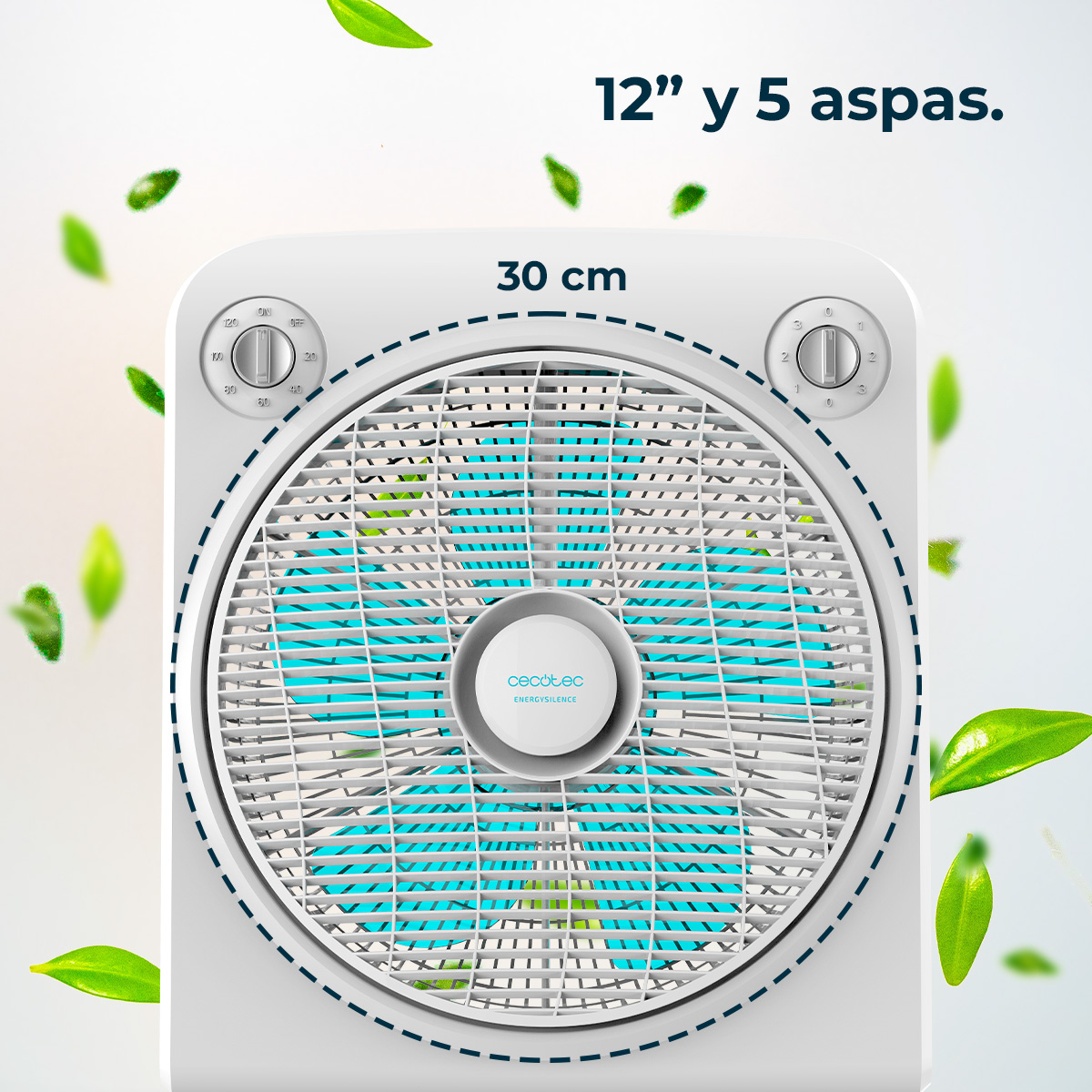Biały wentylator z niebieskimi łopatkami. Ma dwa pokrętła i osłonę. Zielone liście unoszą się wokół wiatraka.