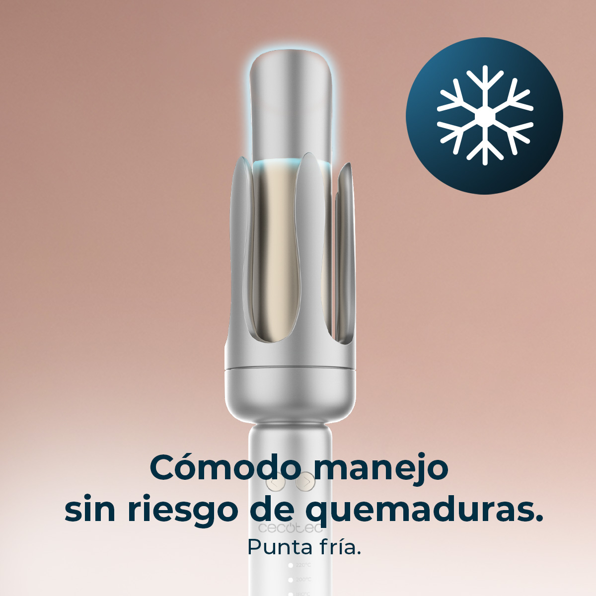 Un dispositivo argentato con una luce blu. Il testo recita: 'Maneggevolezza confortevole senza rischio di ustioni. Punta fredda'.