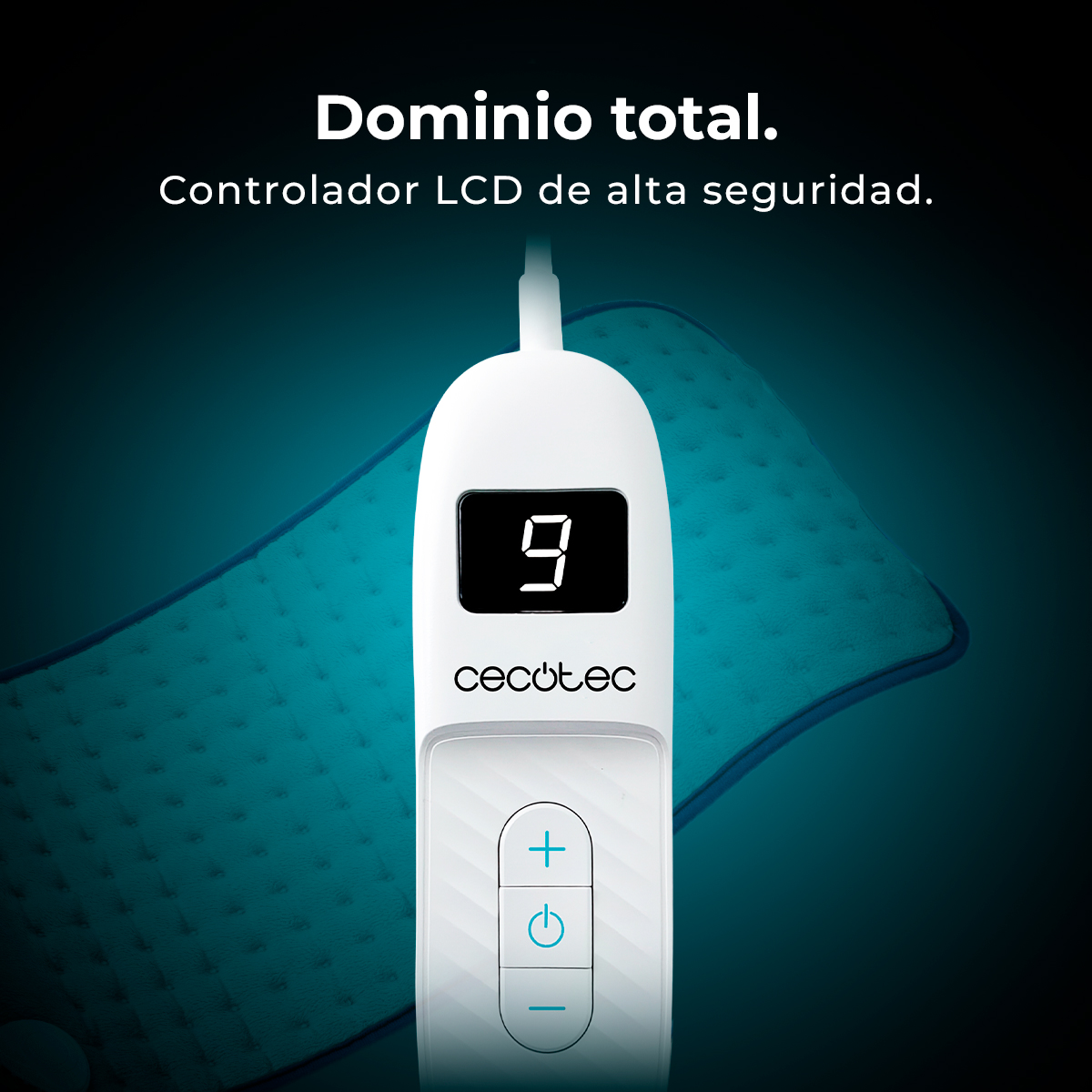 Un controller bianco con display digitale '9'. Tasti più, accensione e meno visibili, su superficie blu.