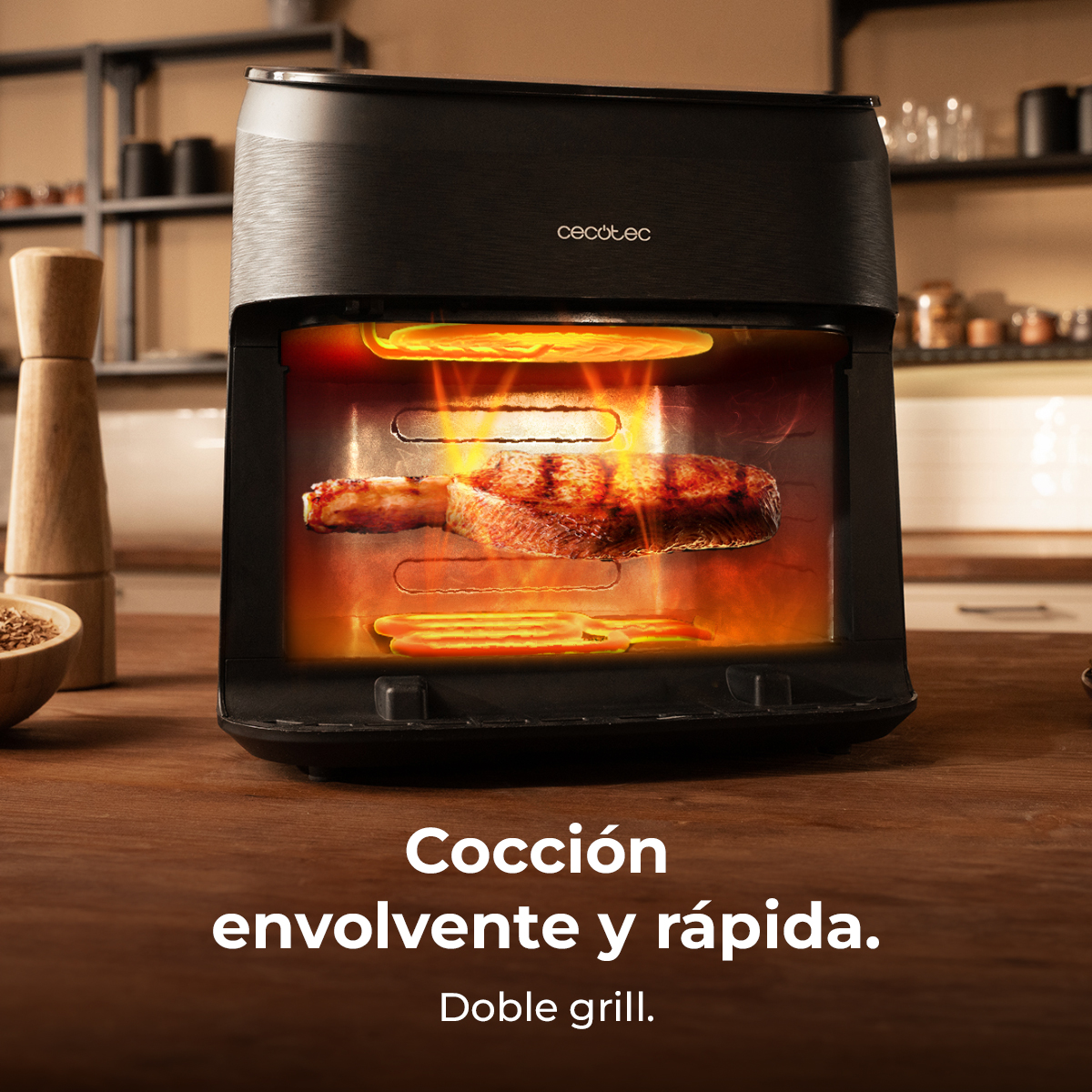 Un horno negro con un filete dentro, rodeado de llamas. El horno está sobre una superficie de madera con texto debajo.