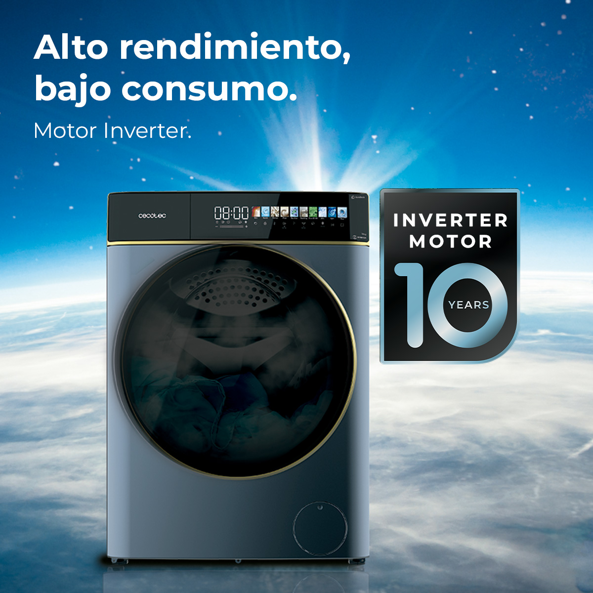 Una lavatrice con il testo 'Alto rendimiento, bajo consumo'. Ha un display digitale e un'etichetta 'Inverter Motor'.
