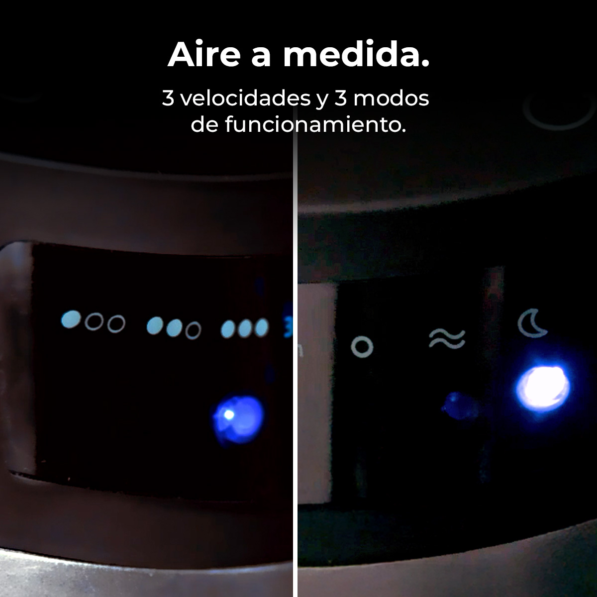 Zbliżenie czarnego panelu sterowania z podświetlanymi niebieskimi światłami i ikonami wskazującymi ustawienia i prędkości.