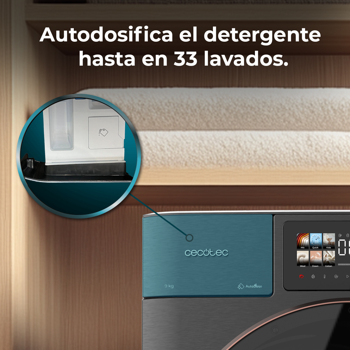Lavadora con panel frontal azul. Texto: 'Autodosifica el detergente hasta en 33 lavados.' Primer plano del dispensador de detergente.