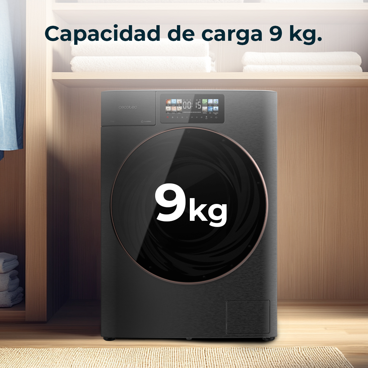 Una lavadora negra con capacidad de 9 kg, expuesta en un mueble de madera. Tiene una pantalla digital y una puerta redonda.