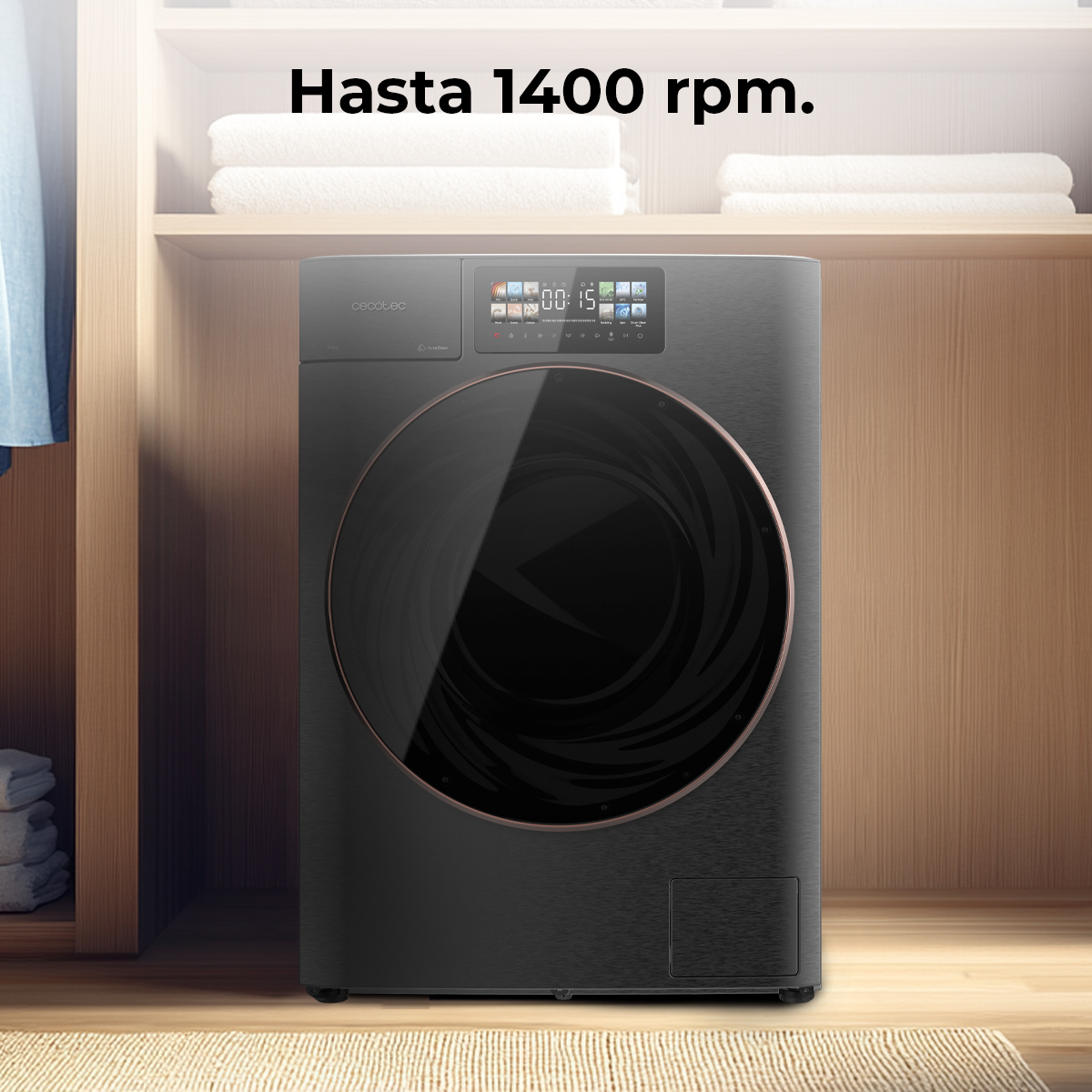 Una lavadora negra con pantalla digital en un armario de madera. El texto Hasta 1400 rpm. está escrito encima.