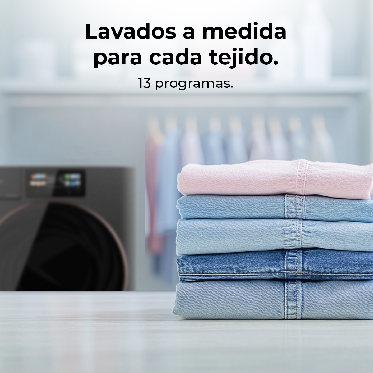 Una pila de jeans doblados en diferentes tonos de azul y rosa. Una lavadora en el fondo con texto en la parte superior.