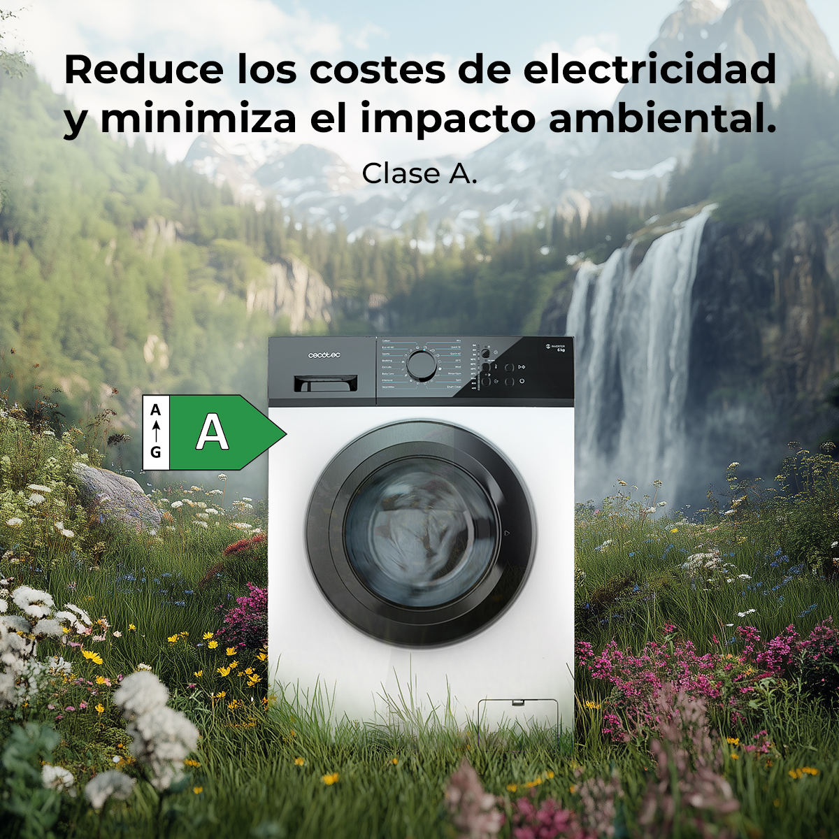 Una lavadora con etiqueta energética A. El fondo muestra una cascada y flores. El texto dice: Reduce los costes de electricidad y minimiza el impacto ambiental.