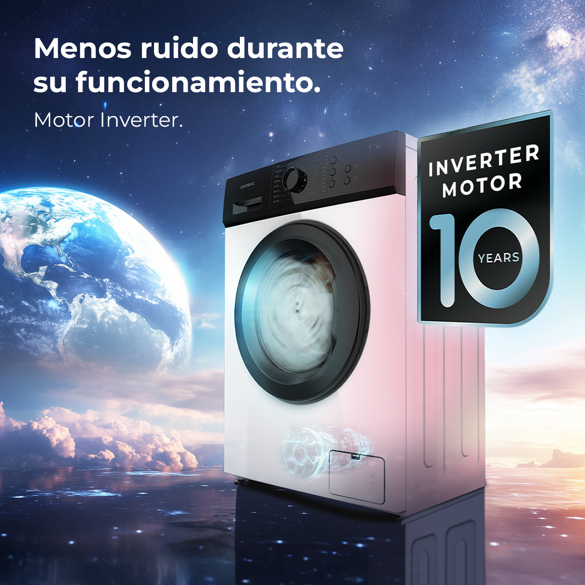 Una lavadora blanca con un tambor girando, con la Tierra, nubes y cielo de fondo, más un letrero de garantía de 10 años.