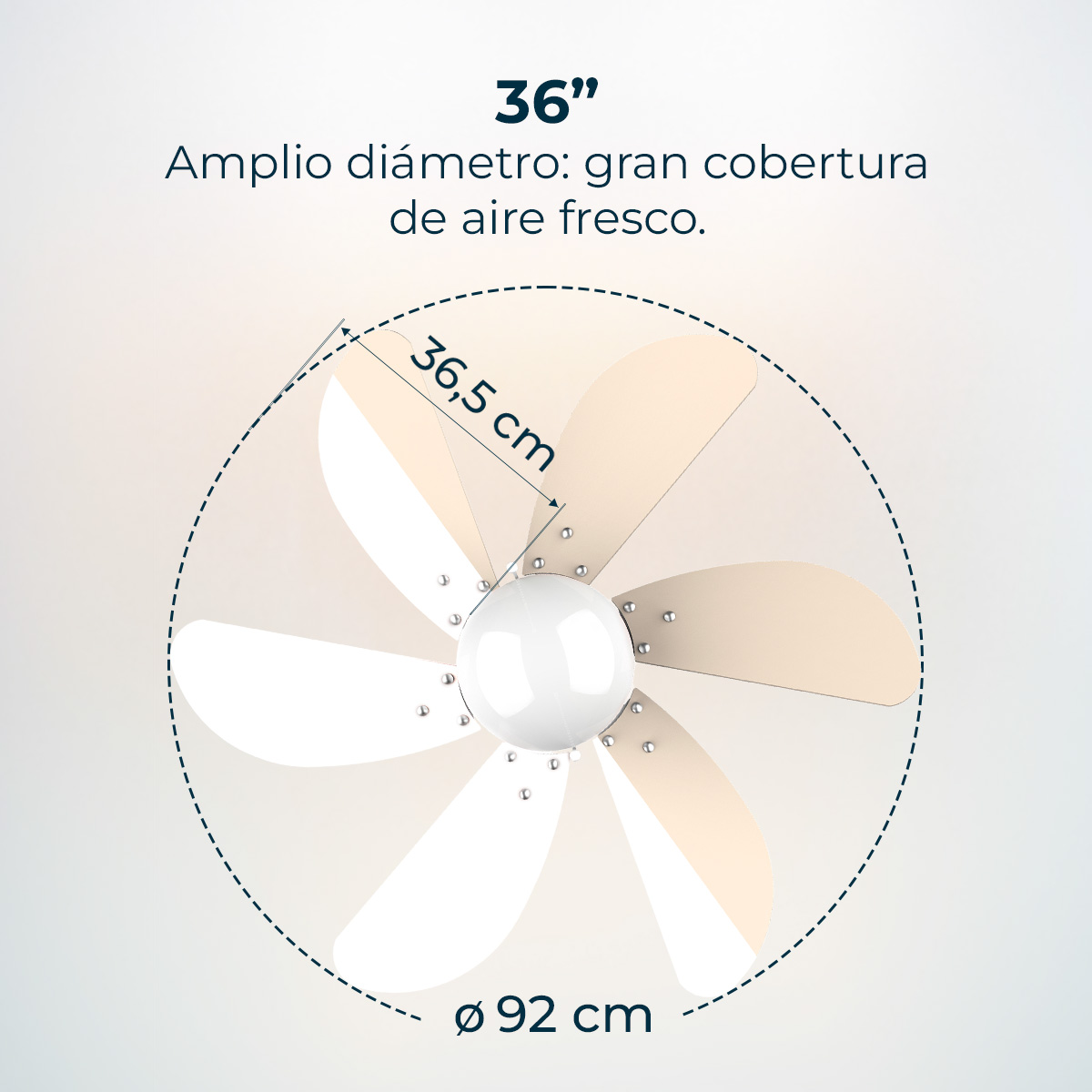 Wentylator sufitowy z sześcioma łopatkami, naprzemiennie białymi i beżowymi, z podanymi wymiarami: 36", 36,5 cm i 92 cm. Tekst w języku hiszpańskim.