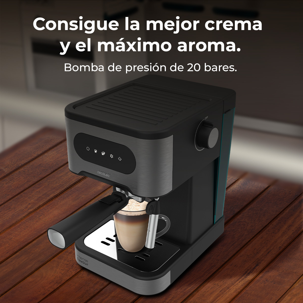 Nowoczesny ekspres do kawy na drewnianym stole. Przygotowywana jest filiżanka kawy. Tekst mówi, że uzyskuje się najlepszą cremę i aromat.