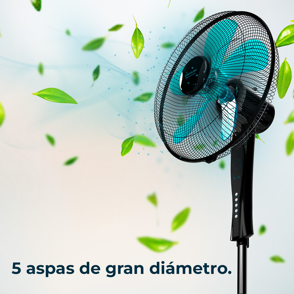 Czarny i turkusowy wentylator z unoszącymi się liśćmi. Wentylator ma 5 łopatek i stoi na stojaku. Tekst: '5 dużych łopatek'.