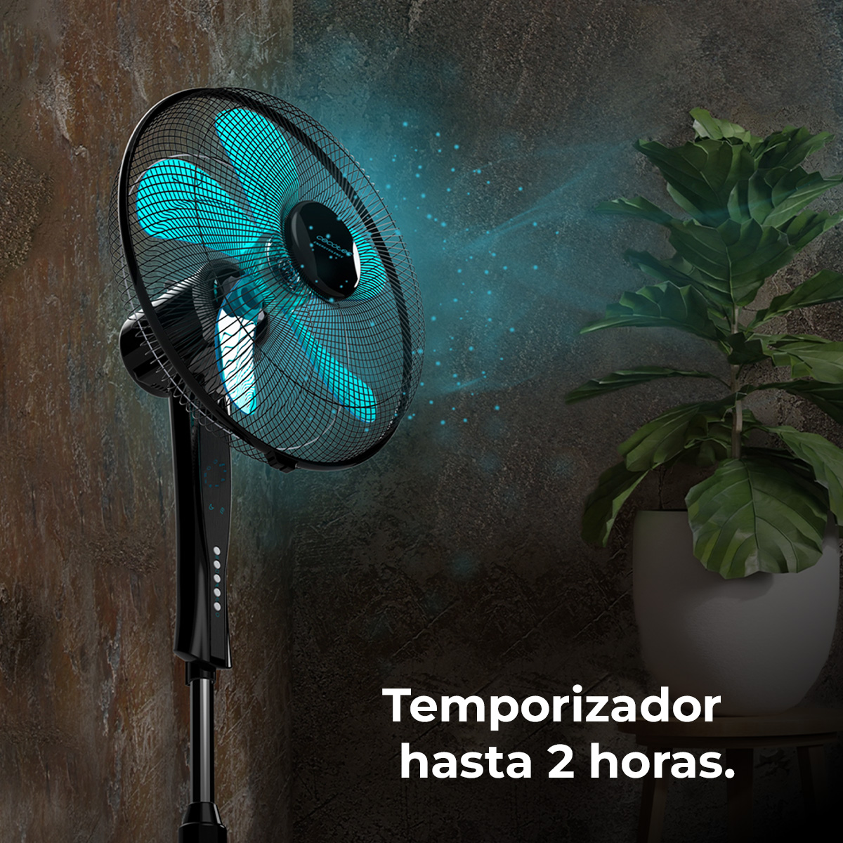 Czarny wentylator z niebieskimi łopatkami. Roślina w białej doniczce po prawej. Tekst: Temporizador hasta 2 horas.