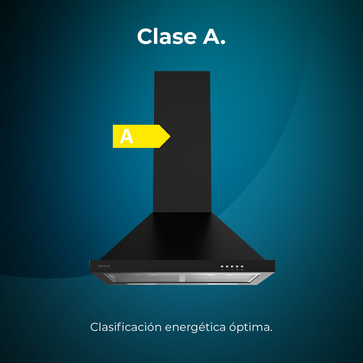 Cappa nera con classe energetica A. Lo sfondo è un gradiente blu. Il testo dice Clase A e Clasificación energética óptima.