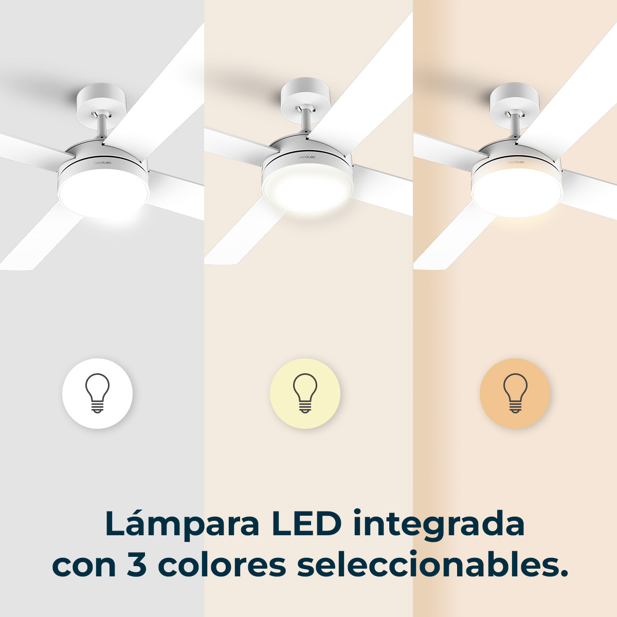 Trzy wentylatory sufitowe z różnymi kolorami światła, którym towarzyszą ikony żarówek. Tekst: Zintegrowana lampa LED z 3 kolorami.