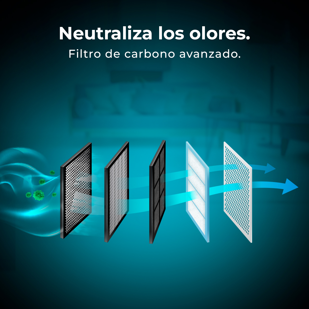 Imagen muestra un filtro de aire con múltiples capas. Neutraliza olores con tecnología avanzada de filtro de carbono.