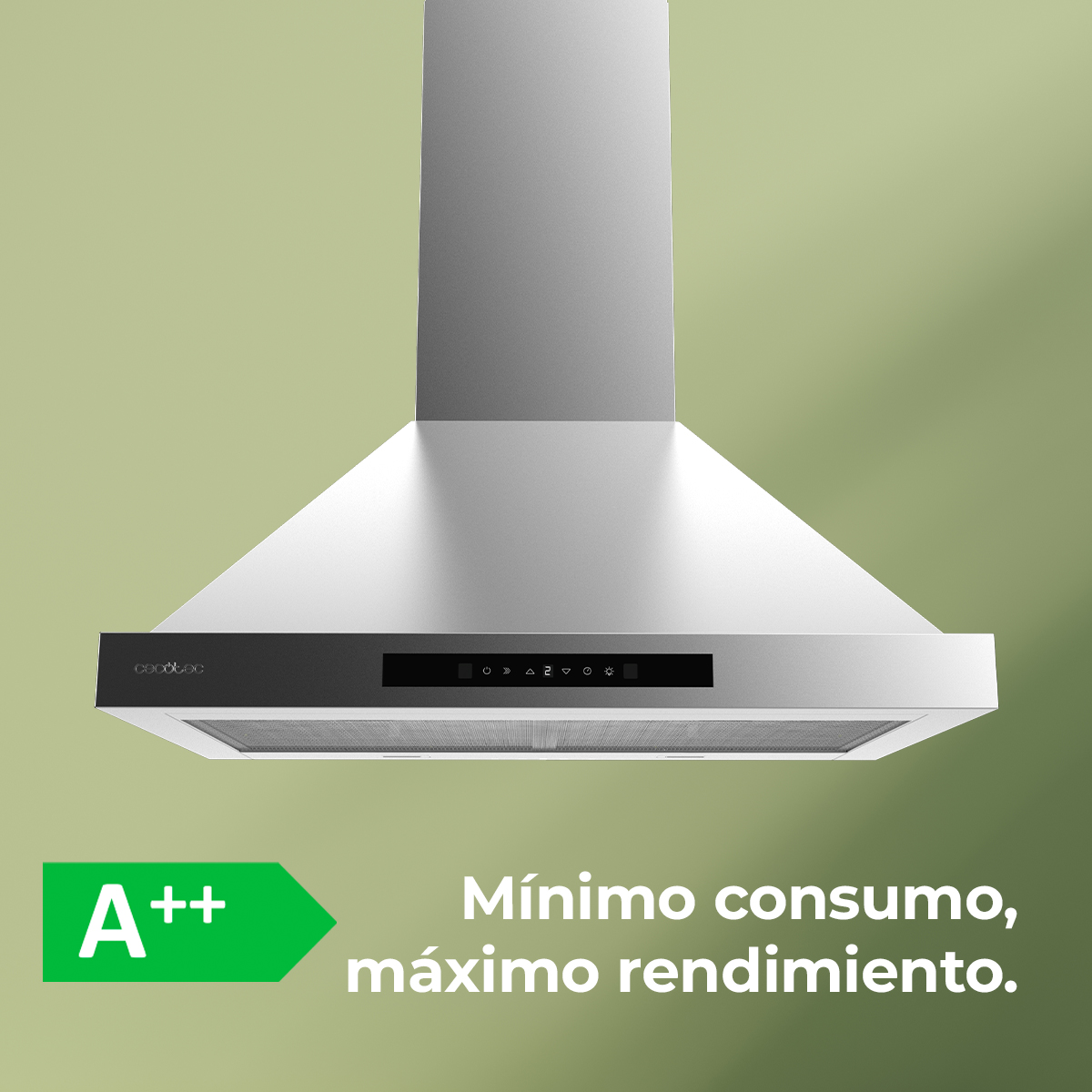 Una moderna campana extractora plateada se muestra sobre un fondo verde. Visible etiqueta energética A++ y texto español.