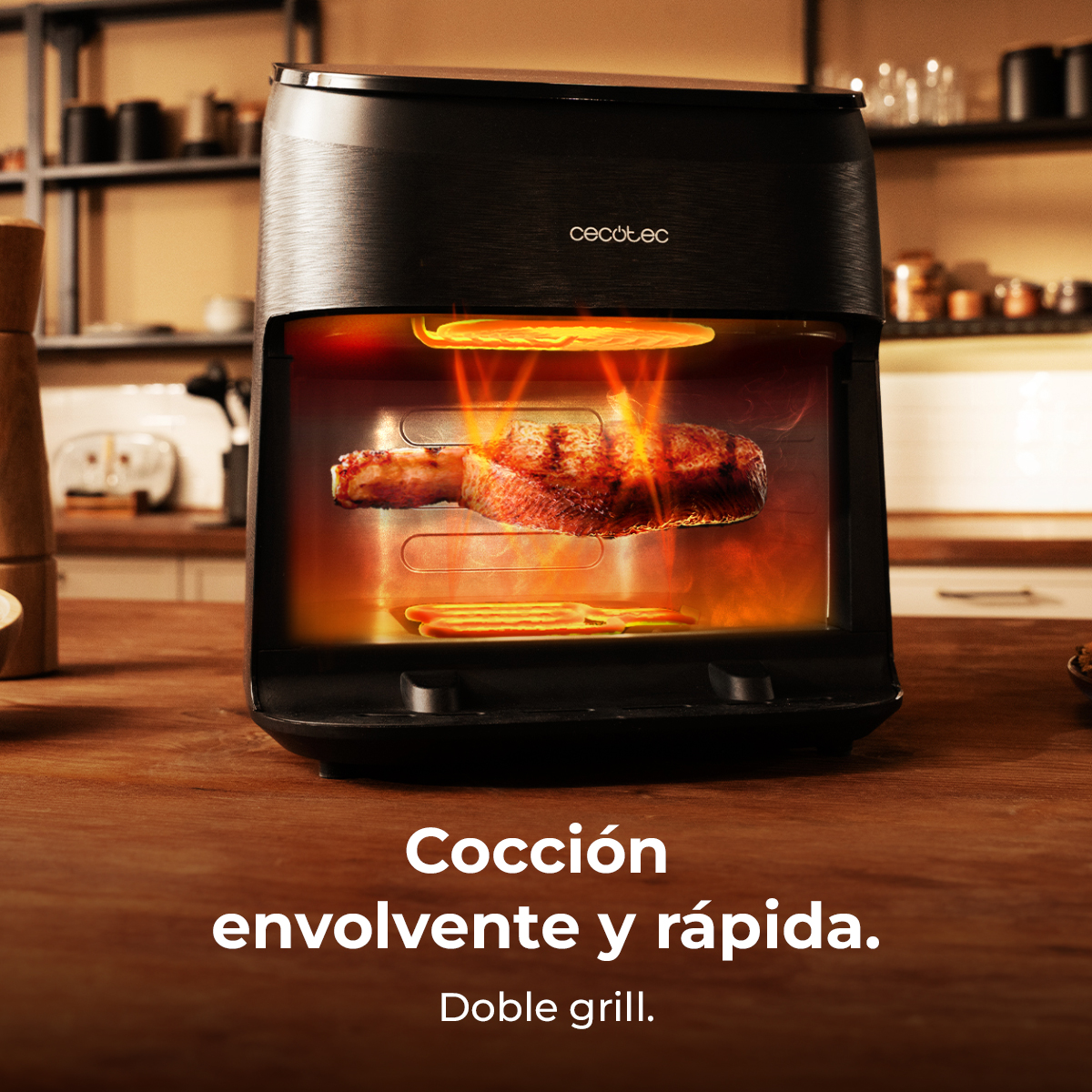 Czarna frytownica powietrzna ze stekiem w środku. Widoczne płomienie. Tekst mówi: 'Cocción envolvente y rápida. Doble grill.'