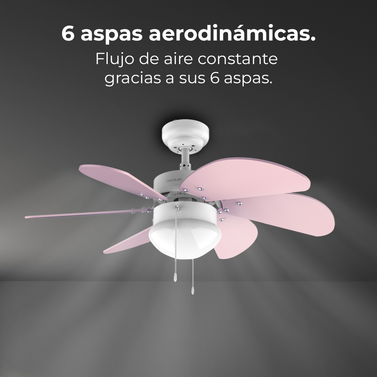 Biało-różowy wentylator sufitowy z sześcioma łopatkami, centralnym światłem i łańcuchem do obsługi, na ciemnym tle.