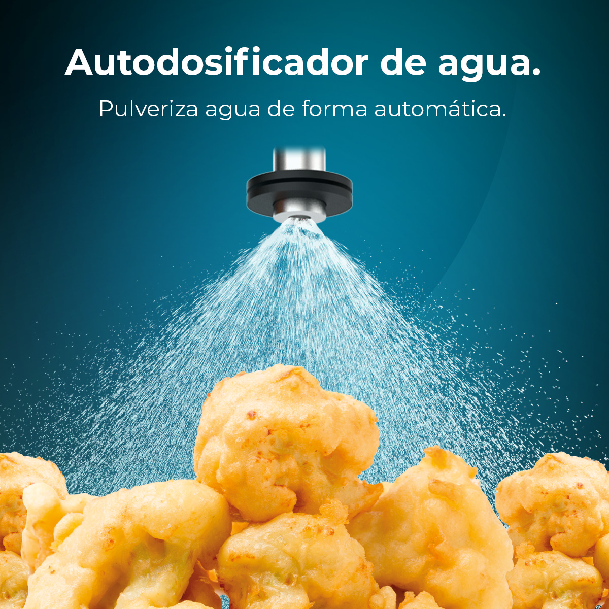 Ein Gerät sprüht Wasser auf goldenes, frittiertes Essen. Der Hintergrund ist ein Blauton. Oben steht 'Autodosificador de agua'.