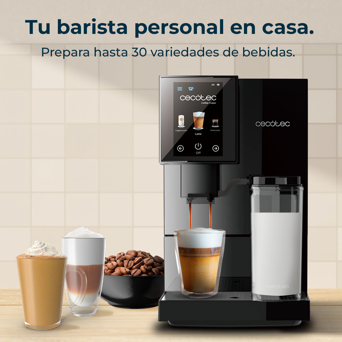 Cafetera con pantalla digital. Se muestran latte, capuchino y café, con una taza de café que se está llenando.