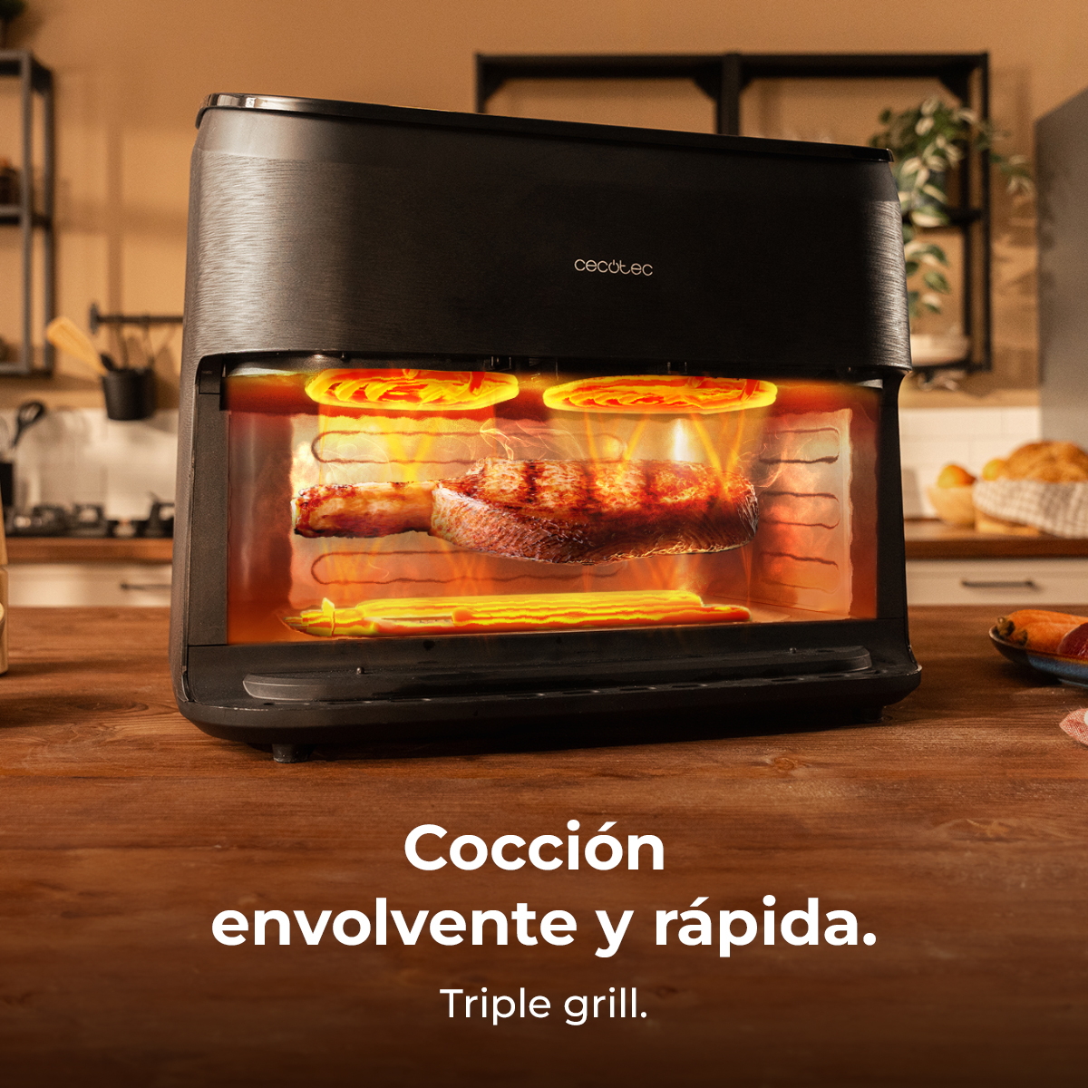Un elettrodomestico nero con una bistecca all'interno. Ha tre elementi grill. Il testo dice 'Cocción envolvente y rápida' e 'Triple grill'.