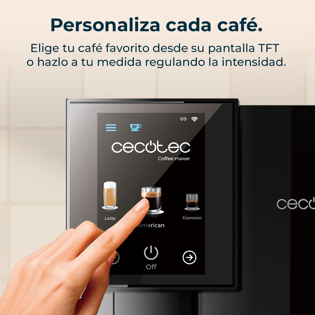 Una mano toca la opción 'Americano' en la pantalla de una cafetera. La pantalla muestra opciones de Latte, Americano y Espresso.