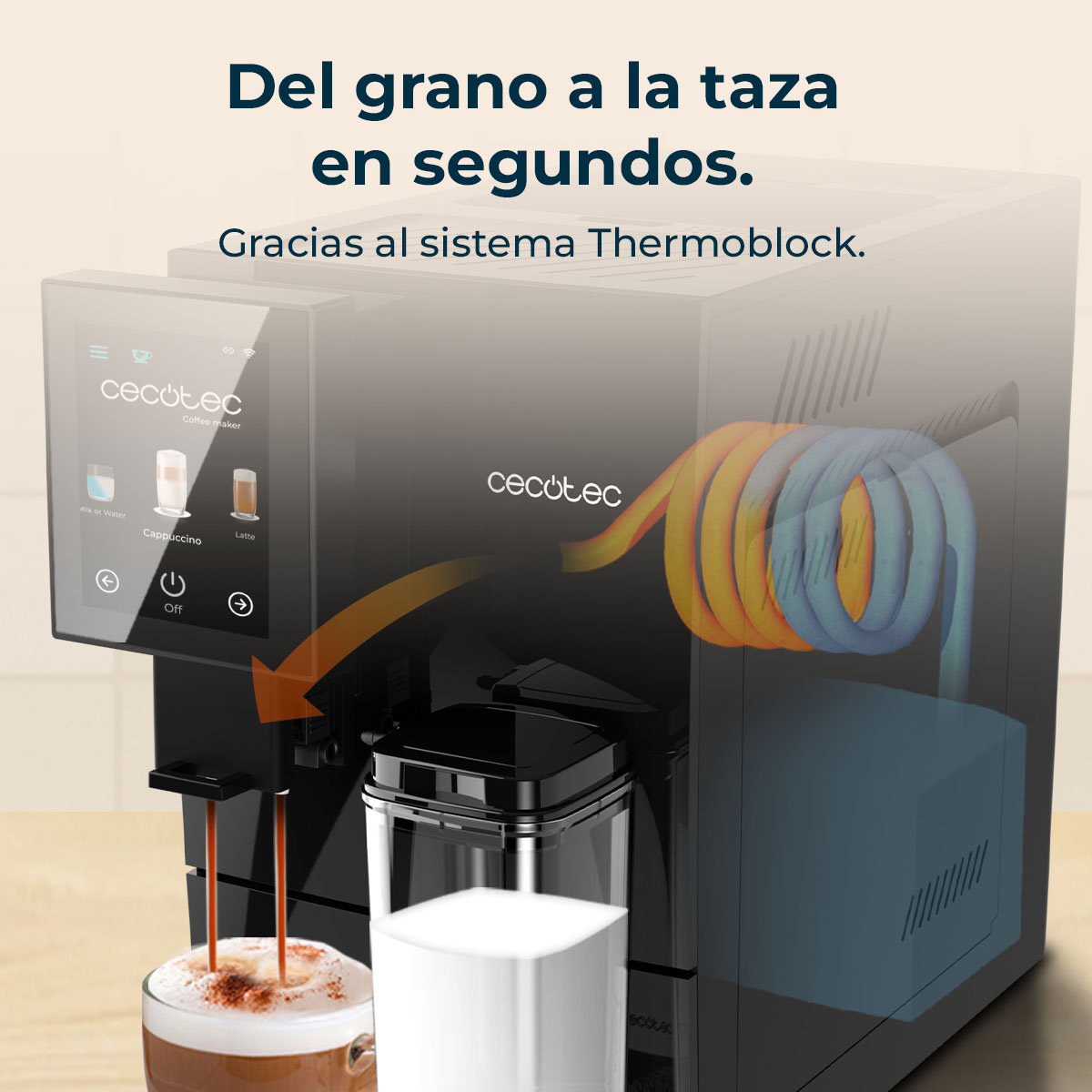 Una cafetera con capuchino haciéndose. Tiene pantalla y sistema Thermoblock. La marca es Cecotec.
