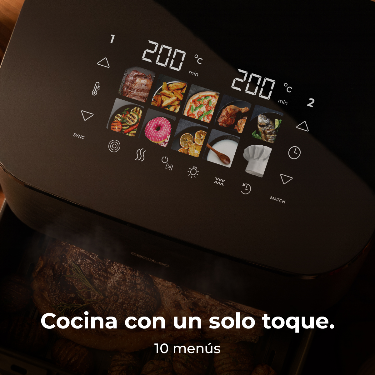 Primo piano di una friggitrice ad aria nera con display digitale che mostra le opzioni alimentari. Mostra 200 gradi e il testo 'Cocina con un solo toque'.