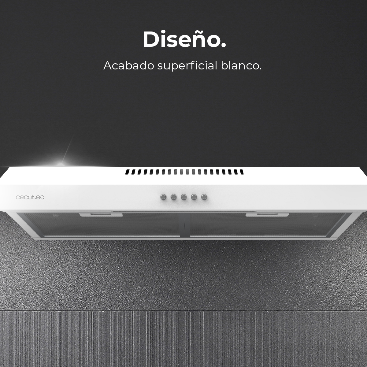 Se muestra una campana extractora blanca con la marca 'Cecotec'. El fondo es gris oscuro con el texto 'Diseño' y 'Acabado superficial blanco'.