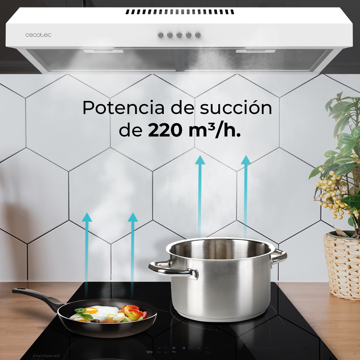 Escena de cocina con sartén friendo huevo y verduras, una olla y una campana extractora arriba. Flechas indican flujo de aire.
