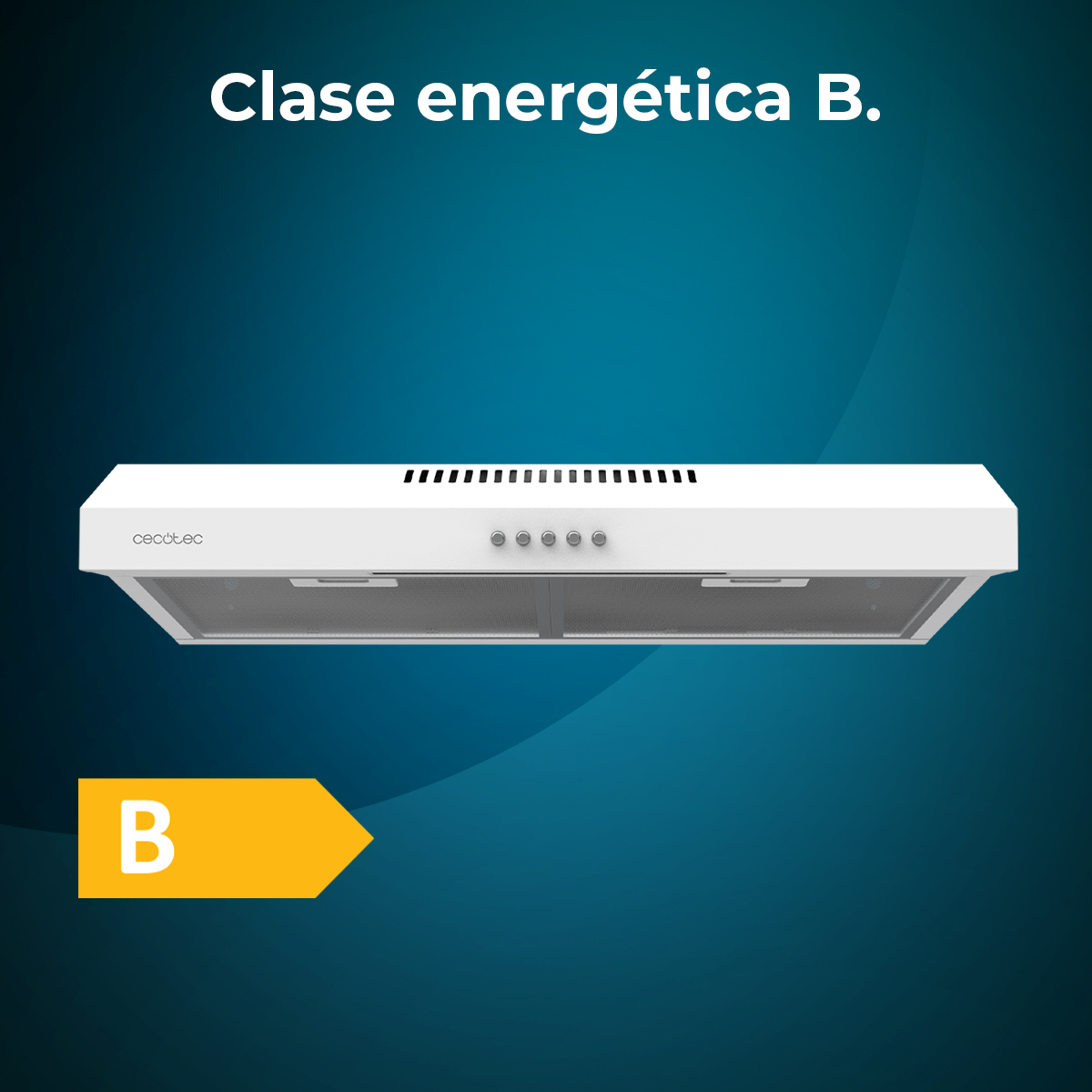 Una campana extractora blanca con la marca 'Cecotec'. Debajo, una etiqueta energética con una 'B'. El fondo es azul oscuro.