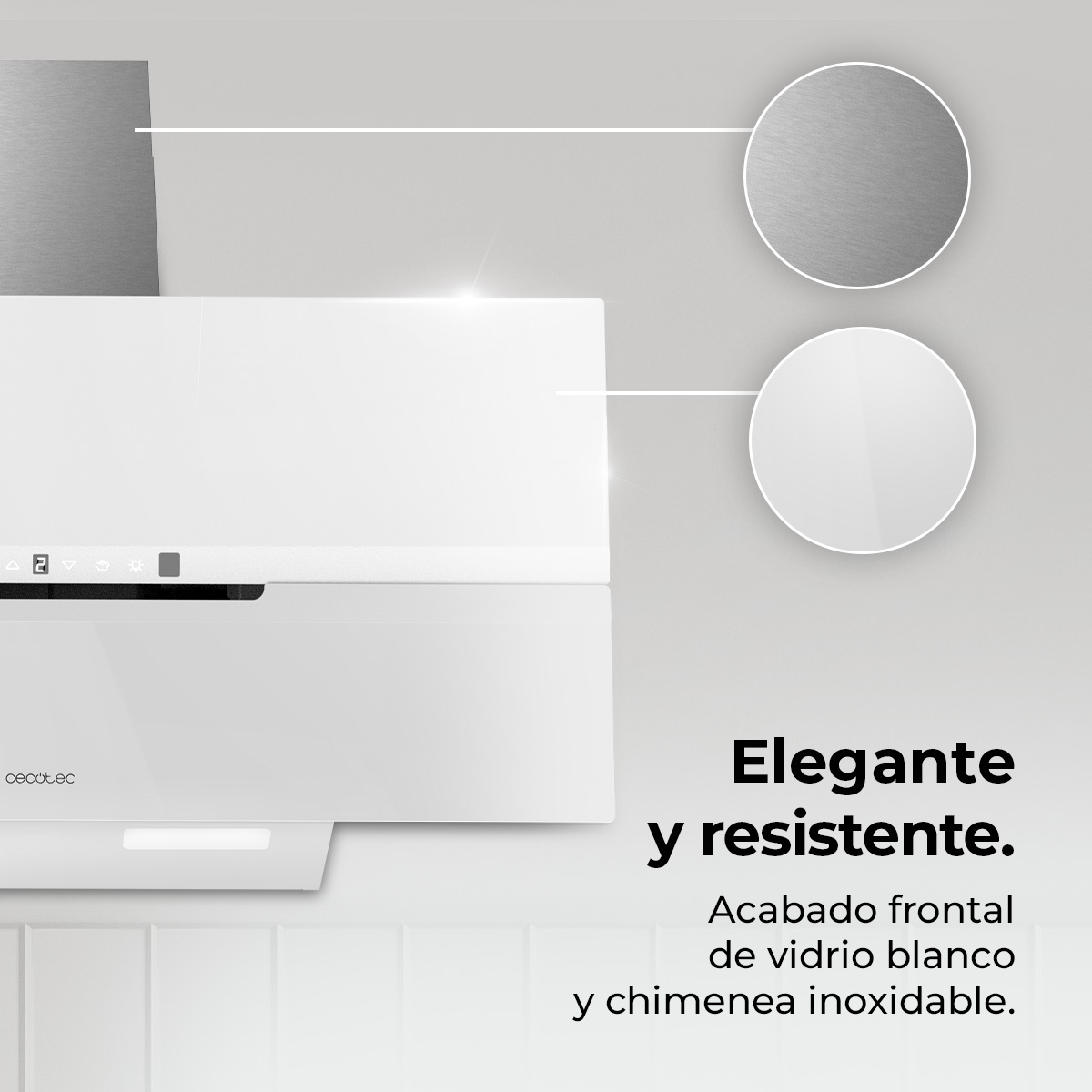 Campana de cocina blanca con detalles de acero inoxidable y frontal blanco. El texto dice 'Elegante y resistente'.