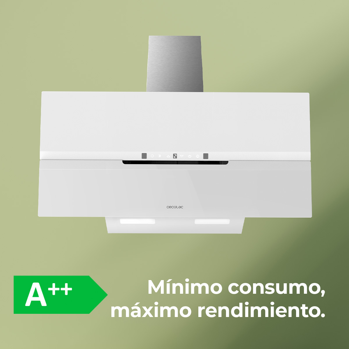 Campana de cocina blanca con pantalla digital, etiqueta energética A++, y texto en español: Mínimo consumo, máximo rendimiento.