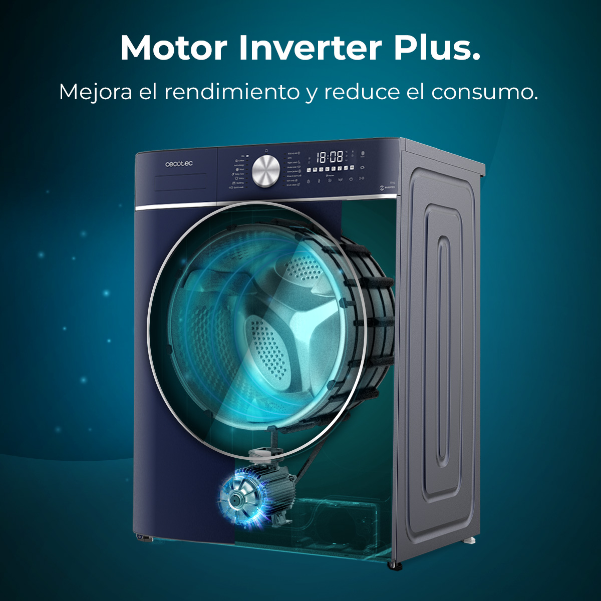 Lavadora azul oscuro con tambor transparente, mostrando el motor. Texto arriba: Motor Inverter Plus.